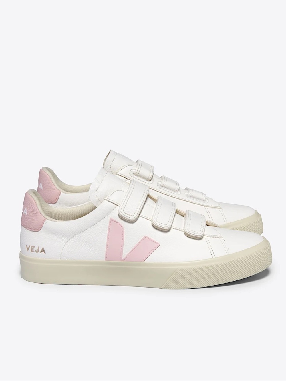 Veja White Leather Sneakers with Pink V Patch